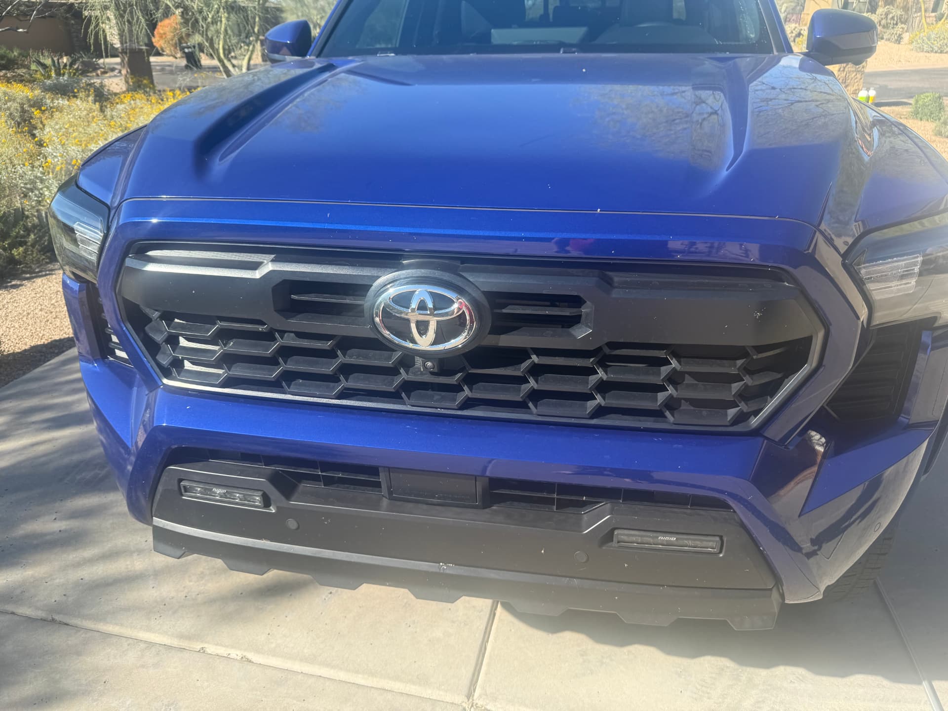 Cleaned grille and front end of a blue Toyota Tacoma